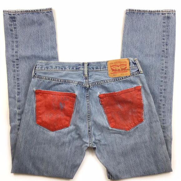 Levi's 501 32 x 34 embellished red pockets faded boho distressed festival button - Picture 4 of 4